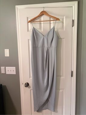 Shona Joy Light Gray Satin Midi Slip Dress with Tulip Skirt